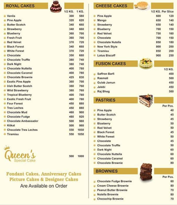 Menu at Queen's Bakery, New Delhi