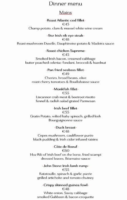 Dylan Hotel, Dublin - an SLH Hotel menu