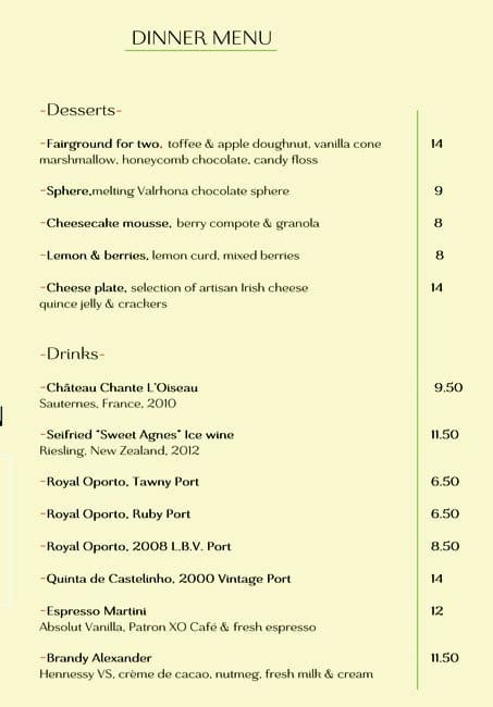 Dylan Hotel, Dublin - an SLH Hotel menu