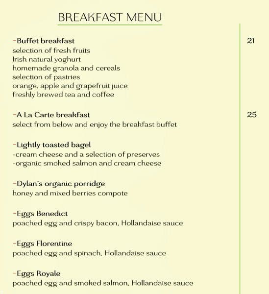 Dylan Hotel, Dublin - an SLH Hotel menu