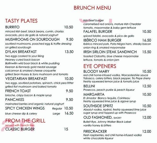 Dylan Hotel, Dublin - an SLH Hotel menu