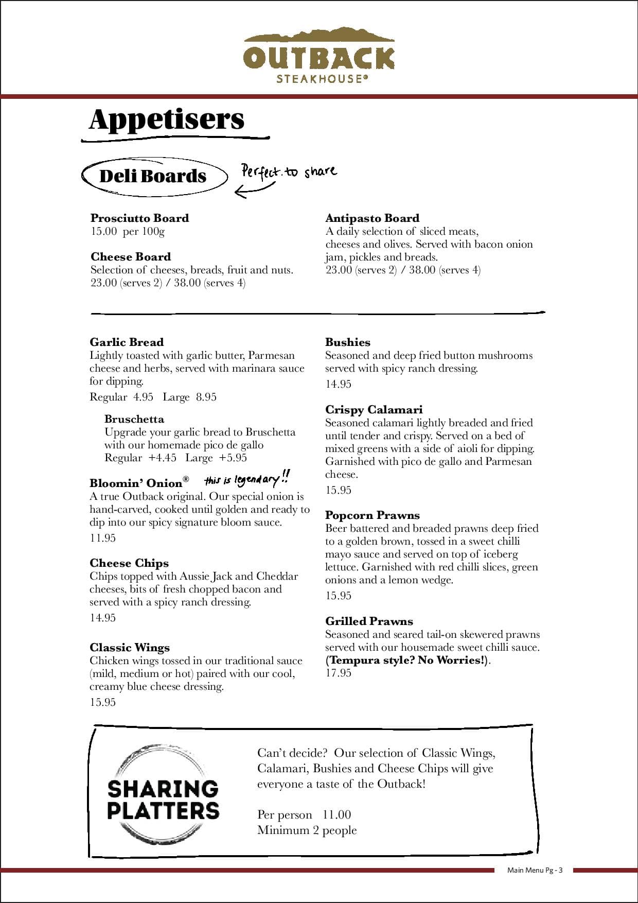 Outback Steakhouse Printable Menu