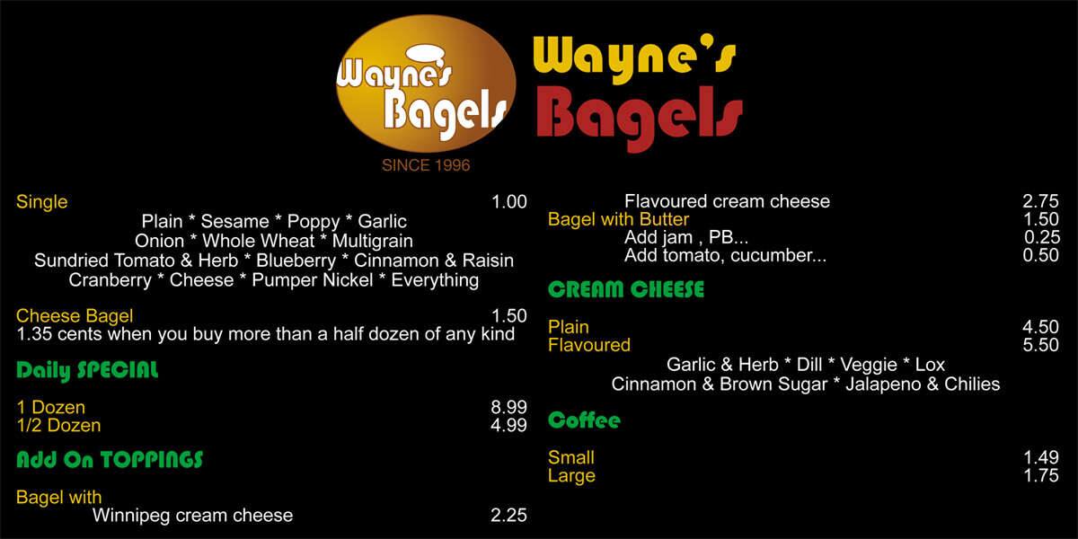 Wayne's Bagels Menu, Menu for Wayne's Bagels, AlythBonnybrookManchester, Calgary Urbanspoon
