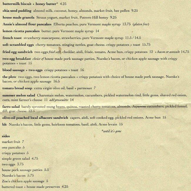 Plow Menu, Menu untuk Plow, Potrero, San Francisco Urbanspoon/Zomato