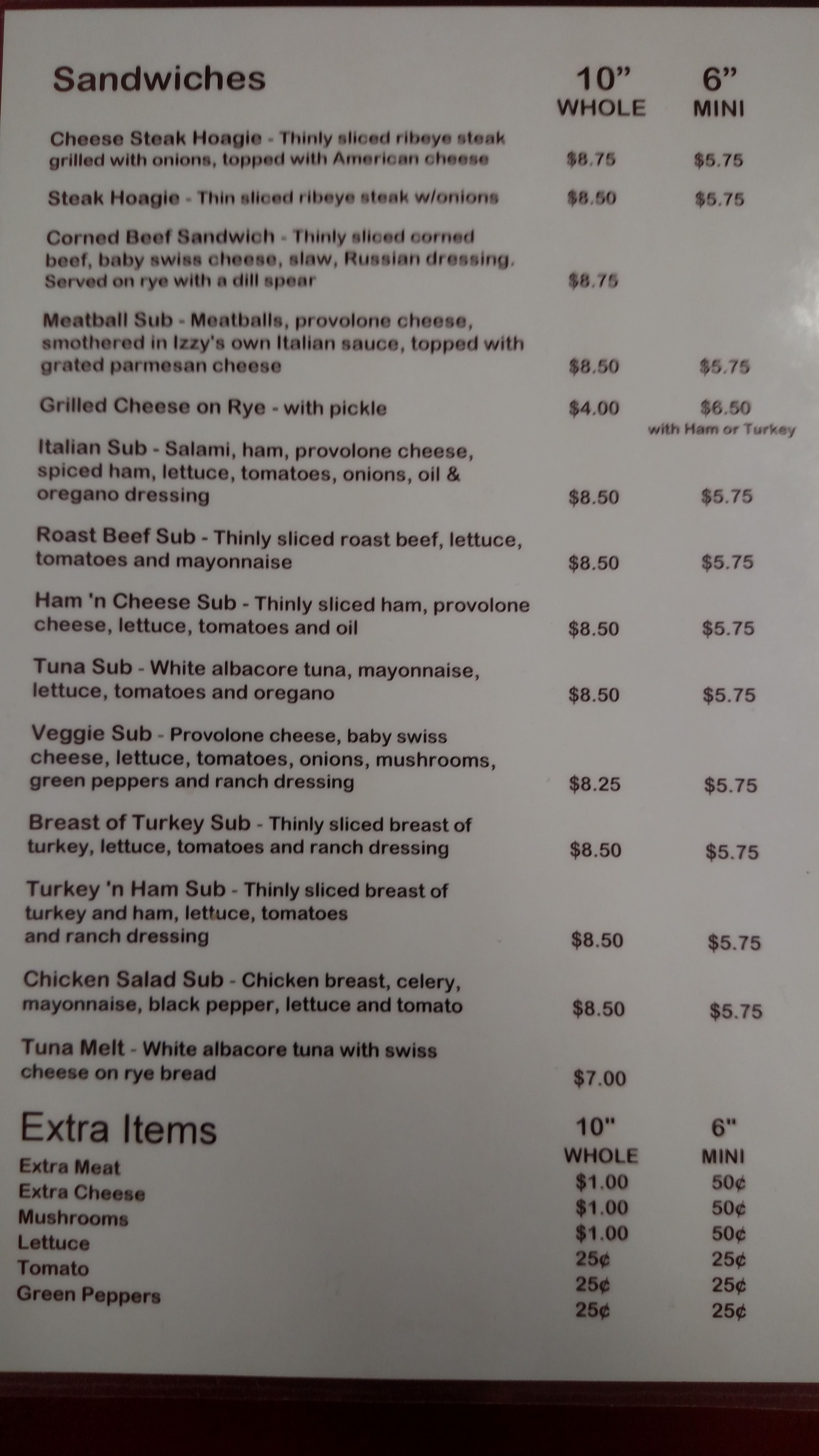 Menu at Izzy's Hoagie Shop restaurant, Ann Arbor
