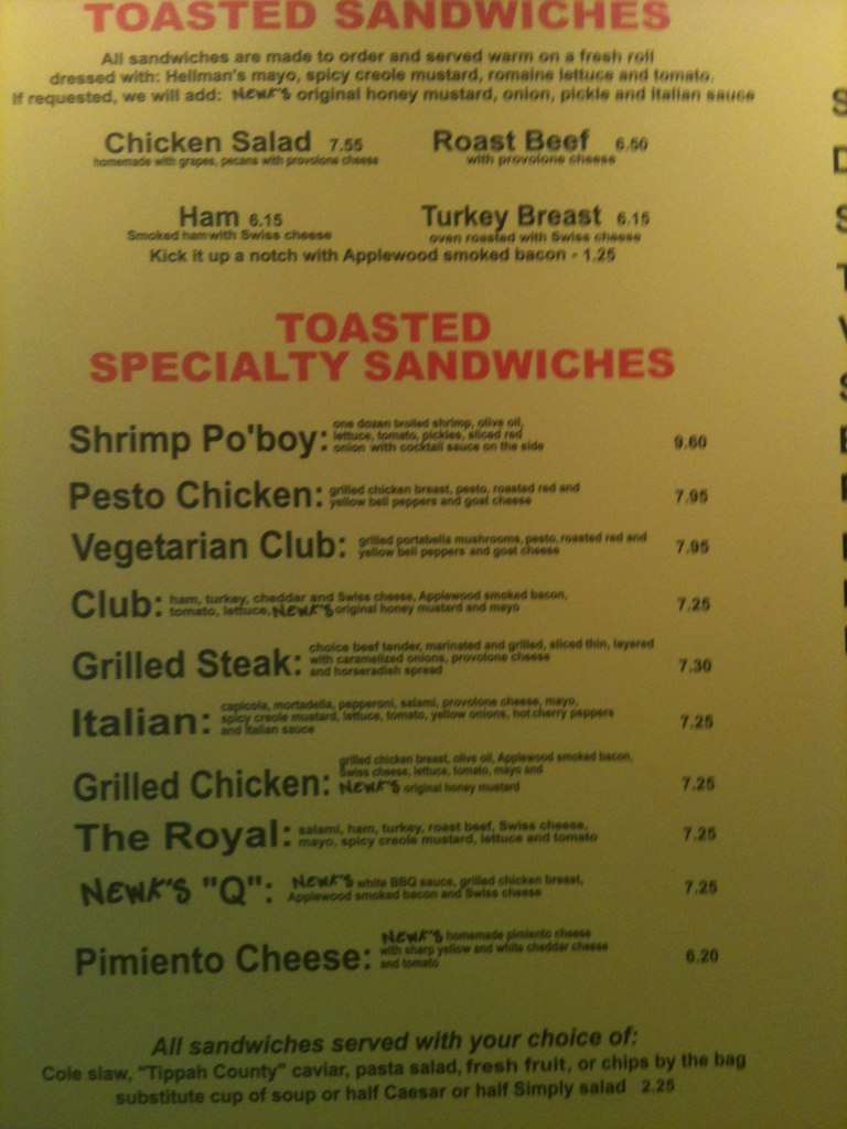 Menu at Newk's restaurant, Gulfport