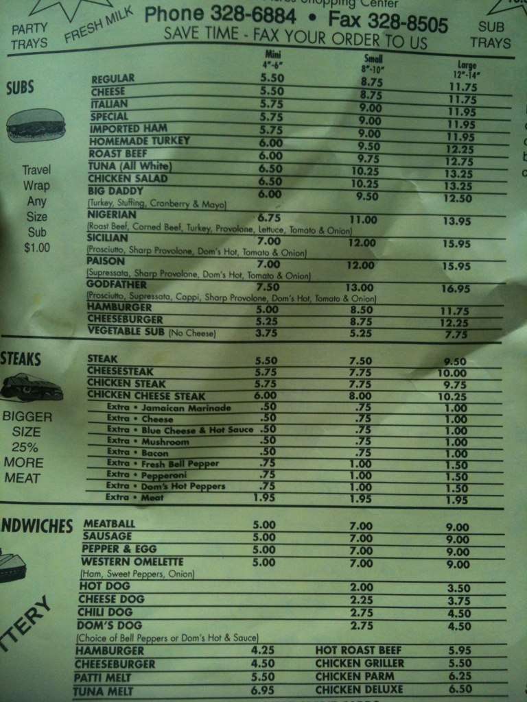 Dom's Deli Menu, Menu for Dom's Deli, New Castle, Wilmington