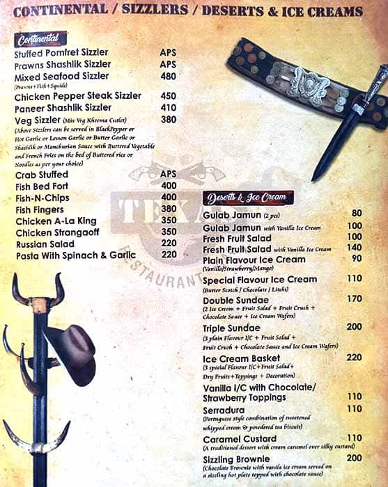 Menu of Texas Bar And Restaurant, Panaji, Goa