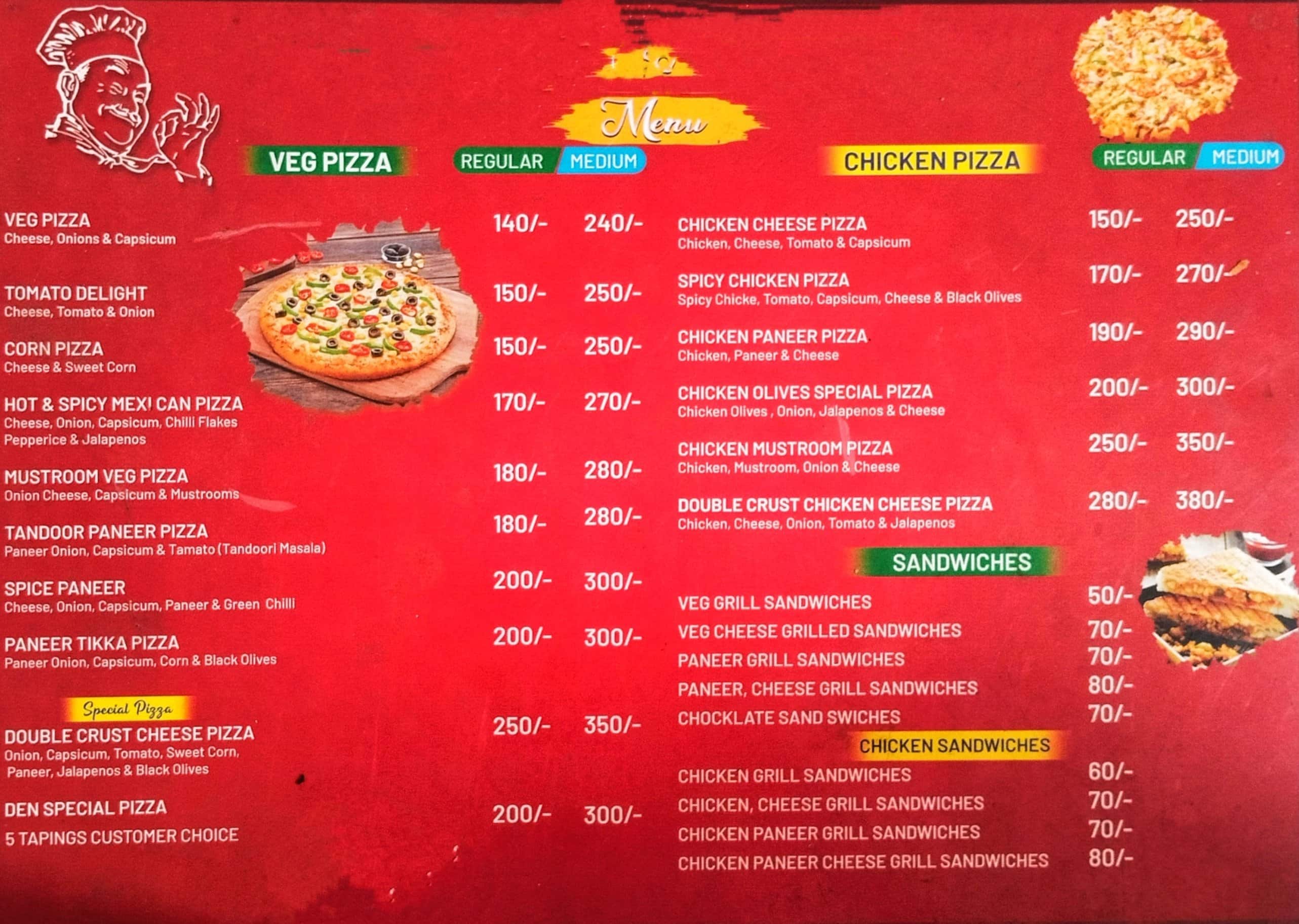 Menu of Sri Den Pizza, Kothapet, Hyderabad