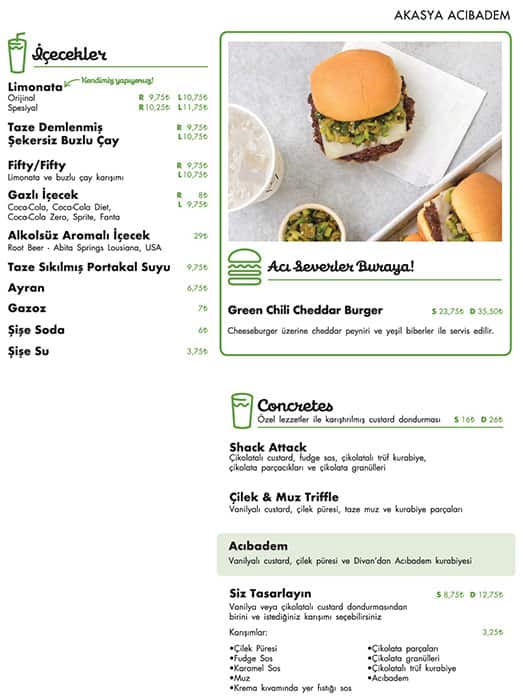 Menu at Shake Shack, Istanbul, Çeçen Sokağı No:1