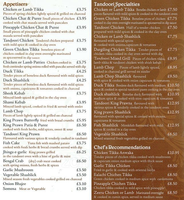 Bengal Spice a London Foto del Menu con Prezzi Zomato UK