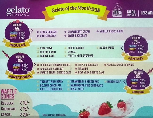 Gelato Italiano menu
