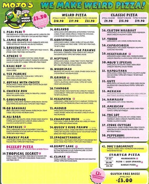 Mojo's Weird Pizza Menu, Menu for Mojo's Weird Pizza, Fitzroy North