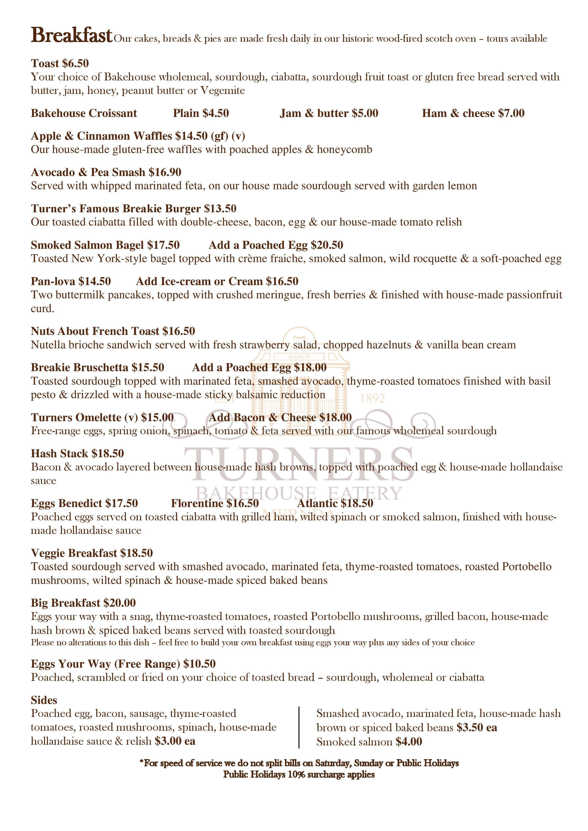 Turners Bakehouse Eatery menu, Menu restauracji Turners Bakehouse