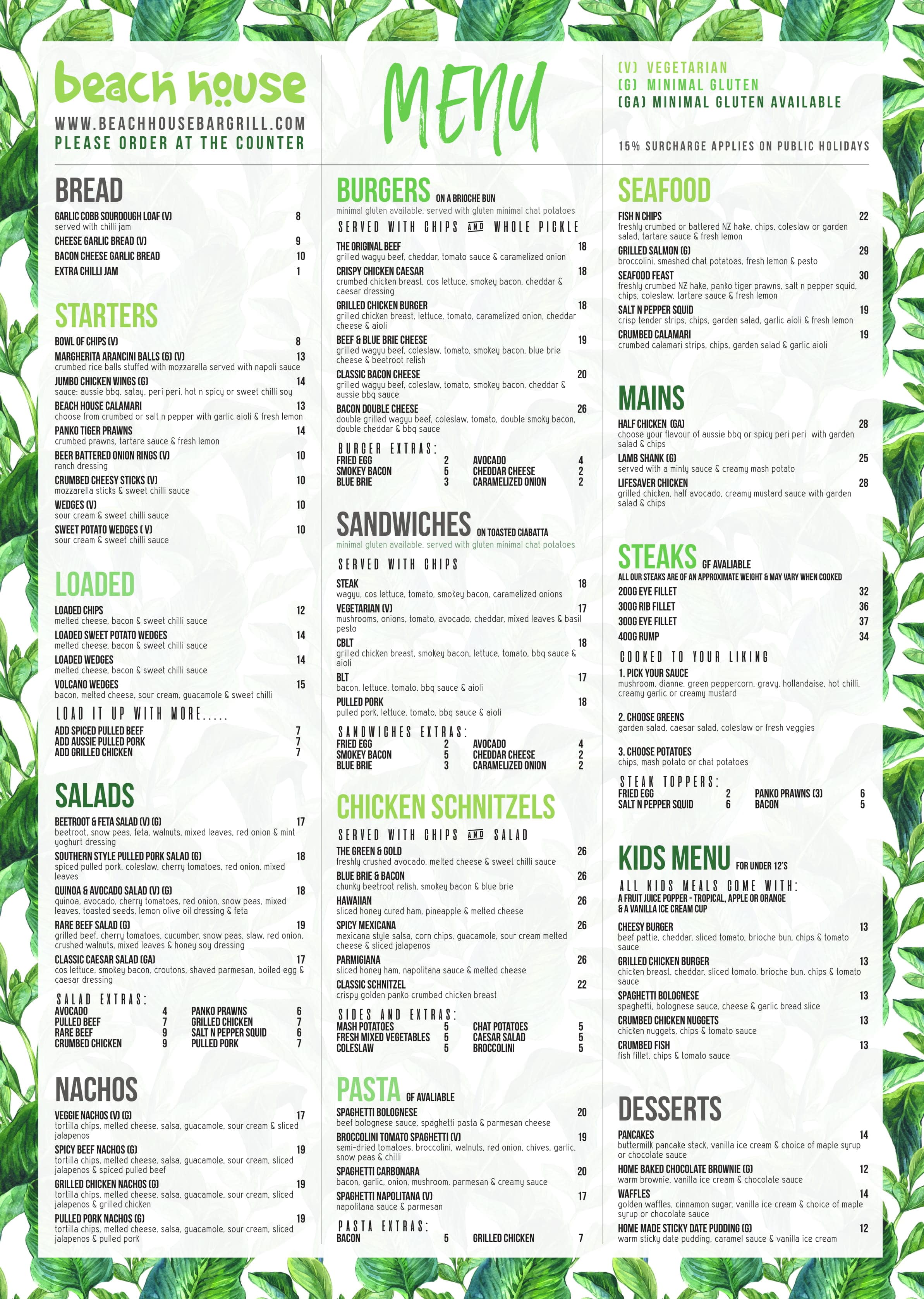 Beach House Bar Grill Menu Urbanspoonzomato