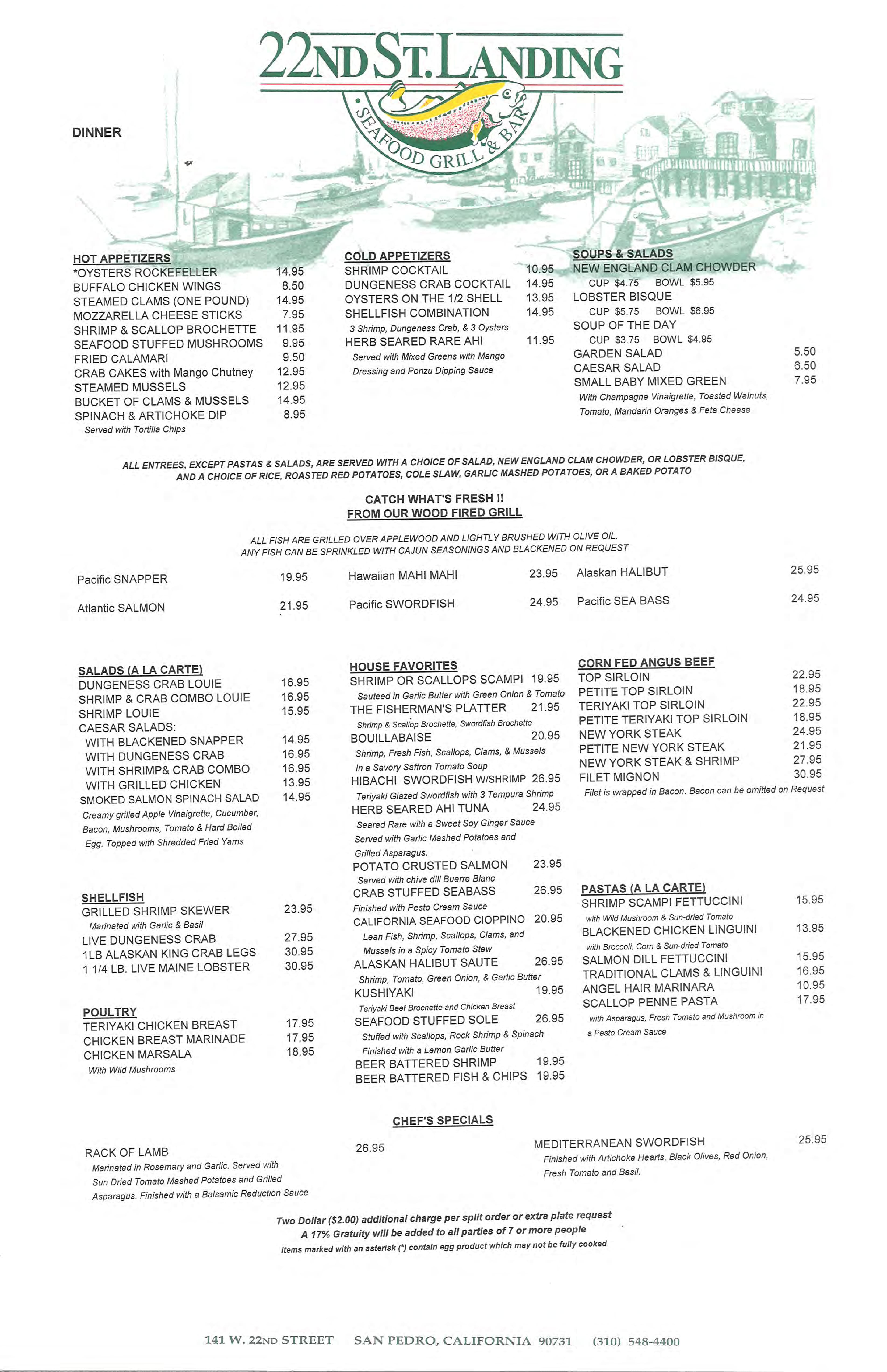 22nd Street Landing Menu, Menu for 22nd Street Landing, San Pedro, San