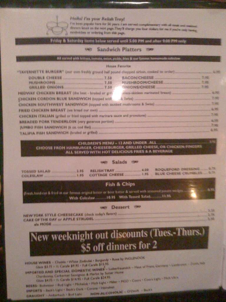 The Tavernette Inn Menu Menu For The Tavernette Inn Medway