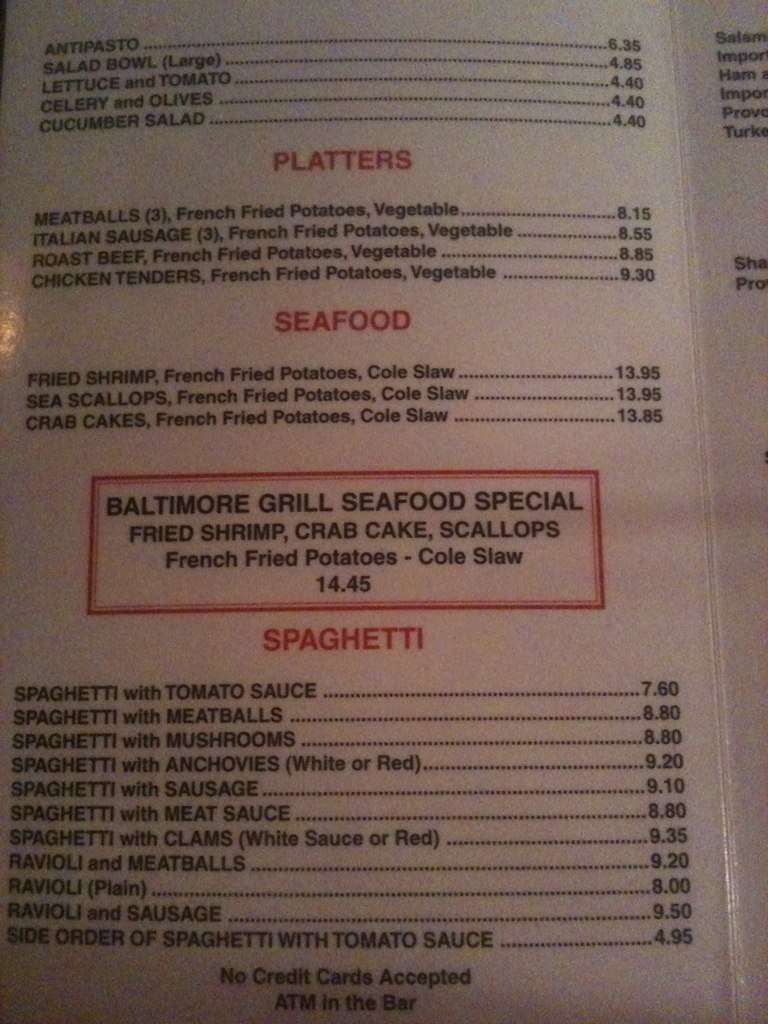 Carta Del Pub Y Bar Tonys Baltimore Grill Atlantic City Atlantic Ave