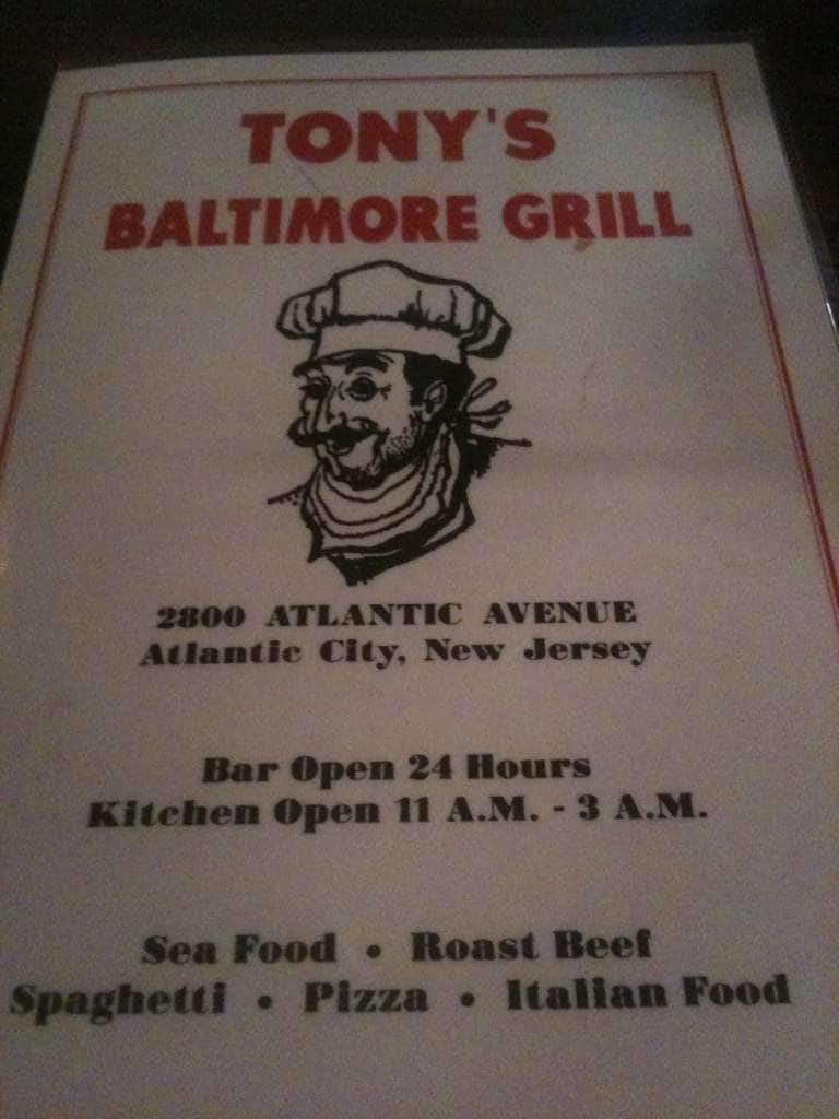 Menu at Tony's Baltimore Grill pub & bar, Atlantic City, Atlantic Ave
