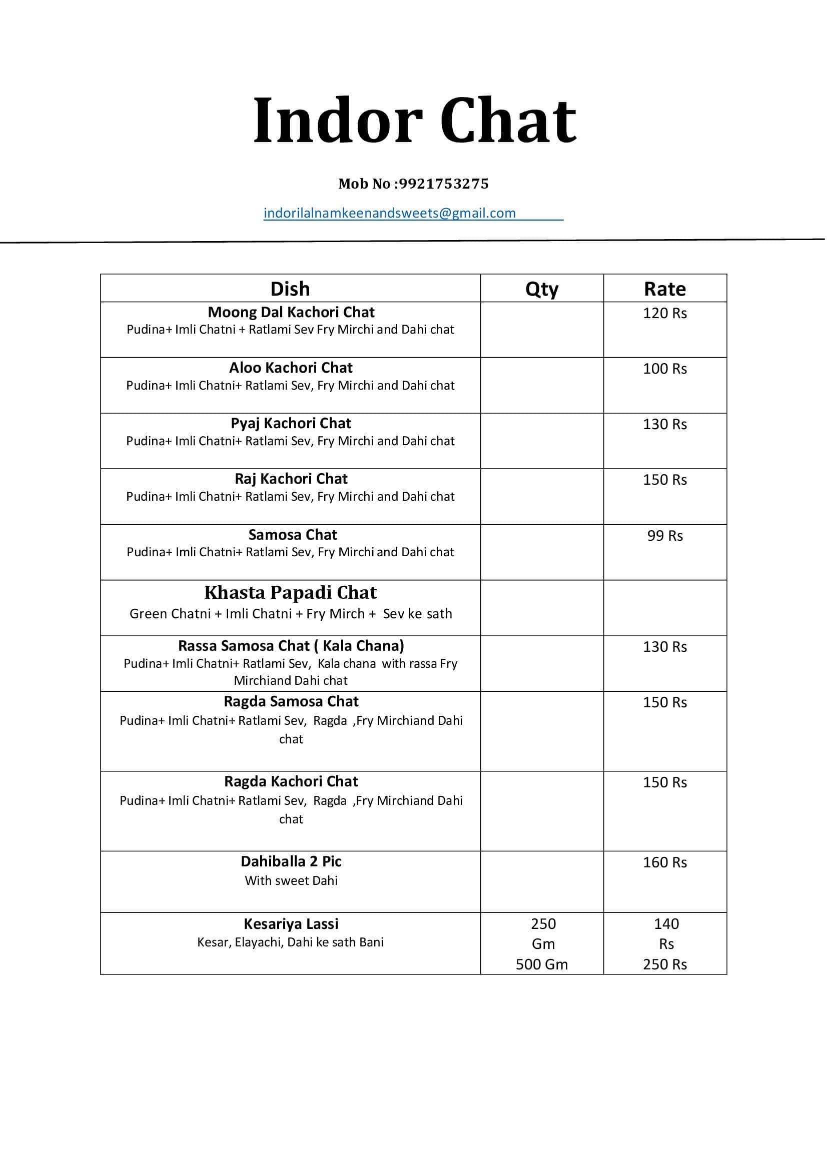 Menu of Indor Chat, Baner, Pune