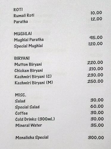 Monalisha menu