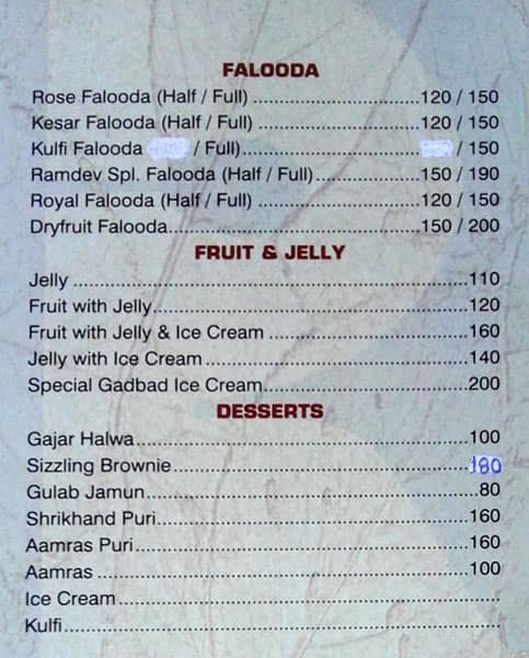 Hotel Ramdev menu