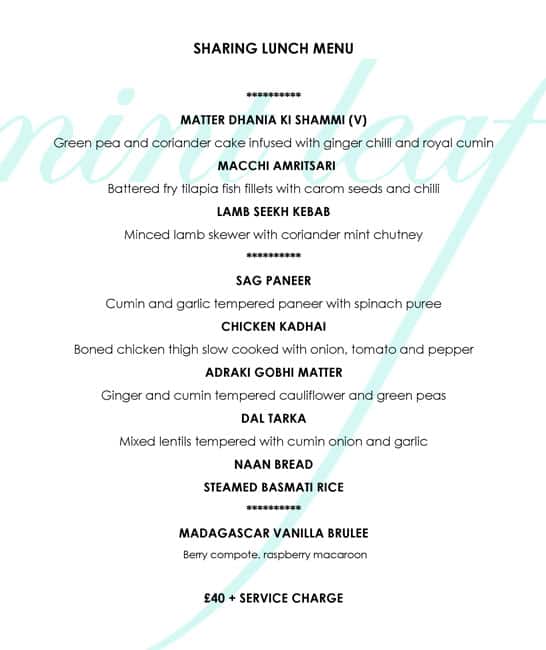 Menu at Mint Leaf Lounge restaurant, London, 12 Angel Ct