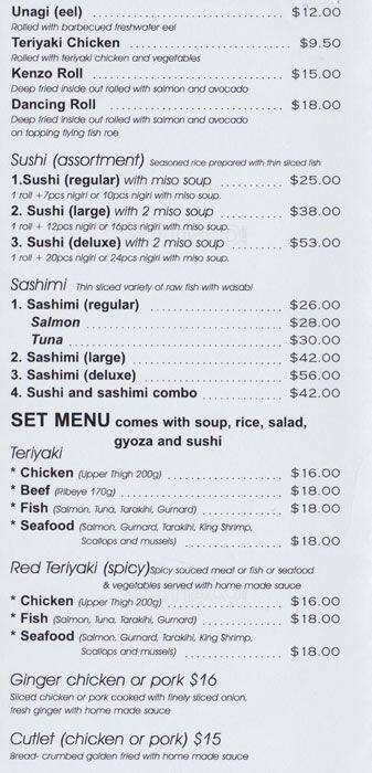 Menu at Kenzo Japanese Restaurant, Christchurch