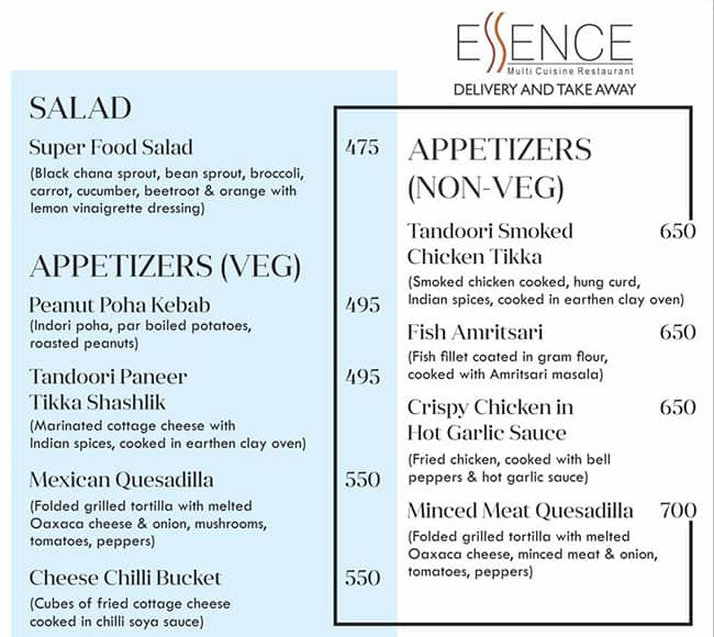 Essence Restaurant menu