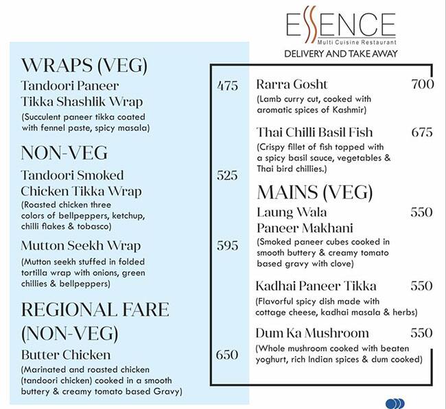 Essence Restaurant menu