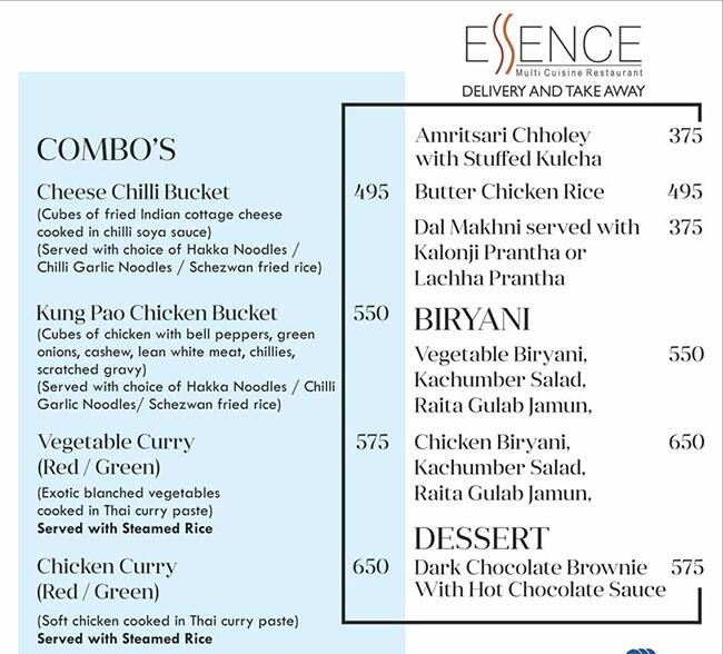 Essence Restaurant menu