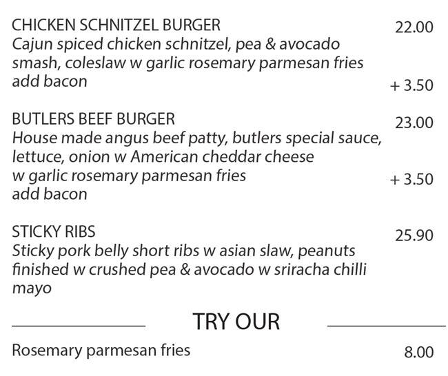 Menu at The Butlers Pantry restaurant, Rowville