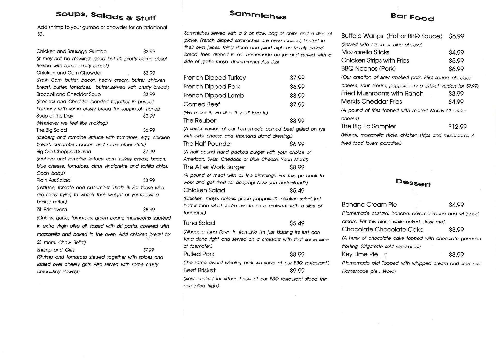 Menu at Big Ed's Bar & Grill, Waukegan, Fountain Square