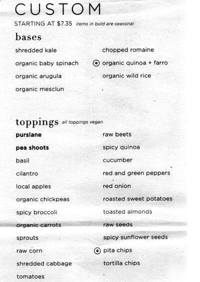Menu at sweetgreen restaurant, New York City, 1164 Broadway