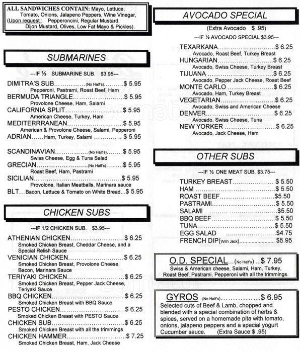 Carta de Dimitra's Sandwiches To Go