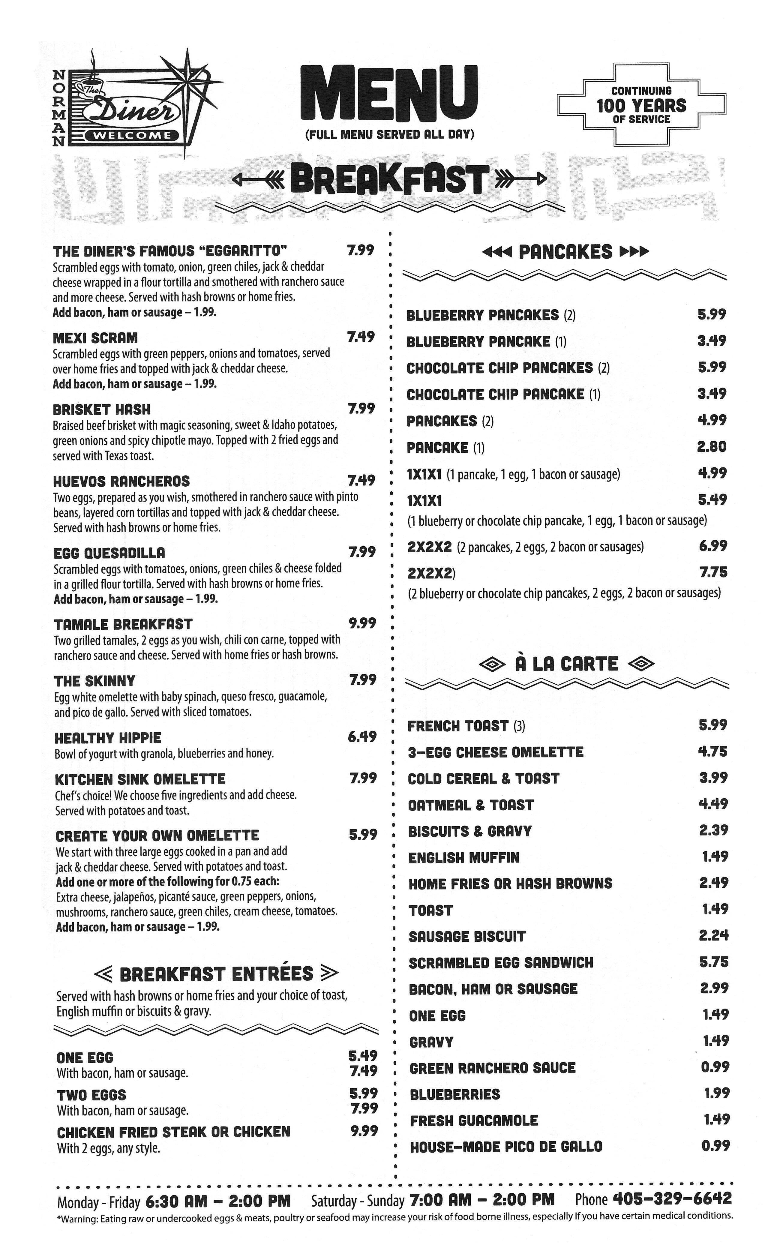 The Diner Menu Menu For The Diner Norman Oklahoma City