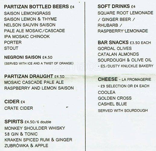 Menu at Brewer's Bar, London