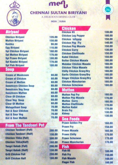 Chennai Sultan Biriyani Menu, Menu for Chennai Sultan Biriyani, Nungambakkam, Chennai Zomato
