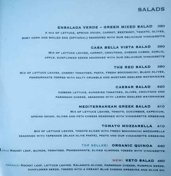 Casa Bella Vista menu