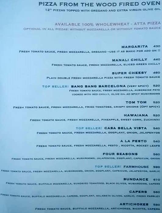 Casa Bella Vista menu