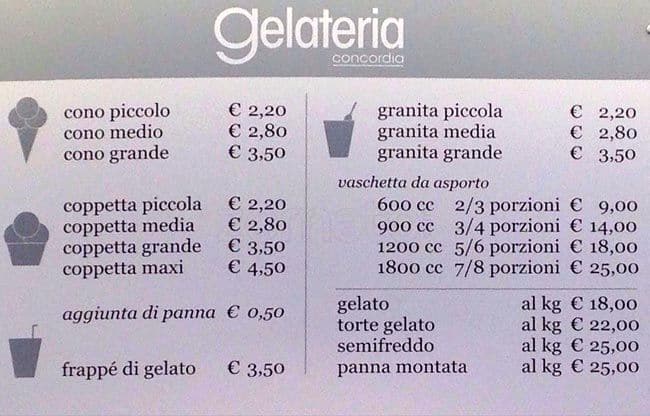 Menu di Gelateria Concordia Milano 