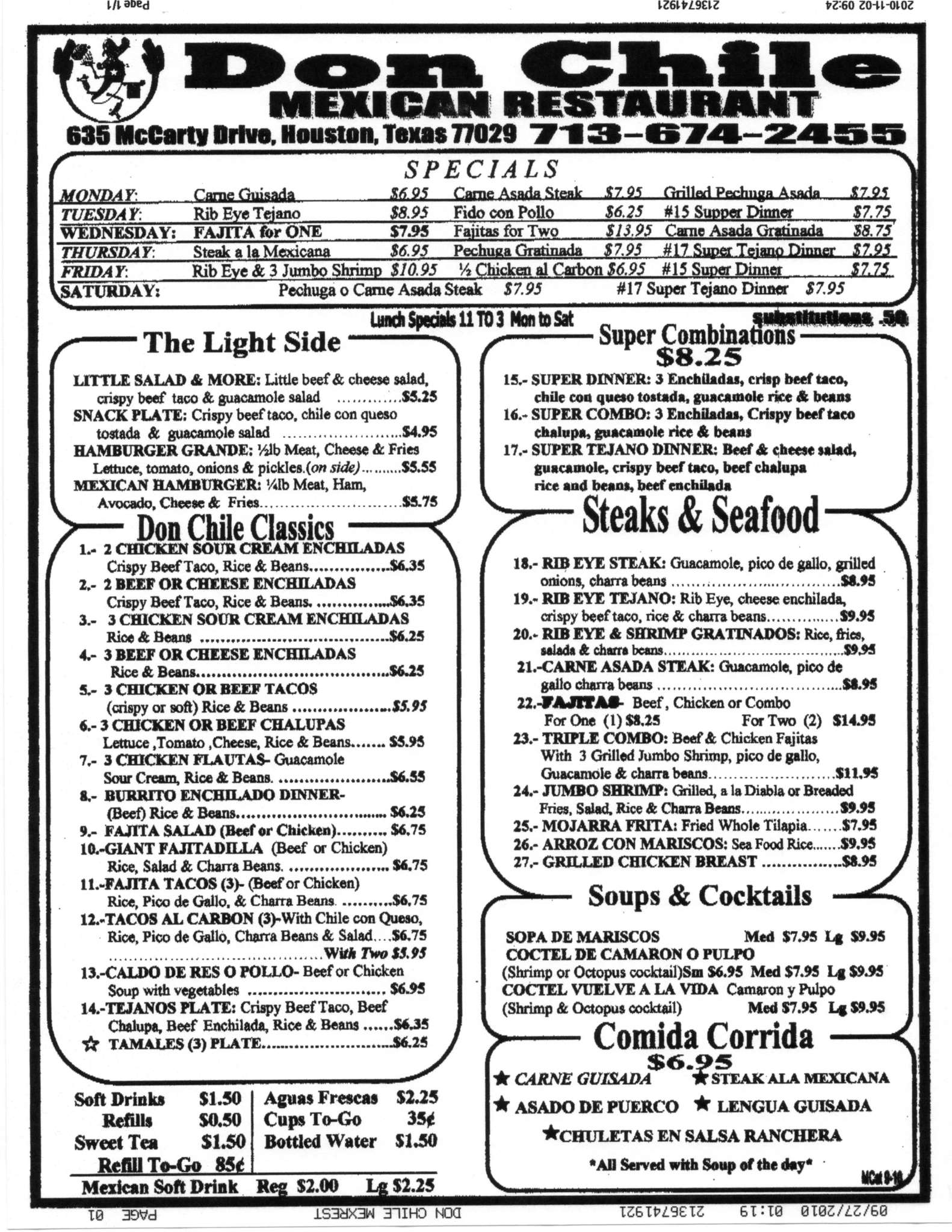 Menu at Don Chile Mexican restaurant, Houston