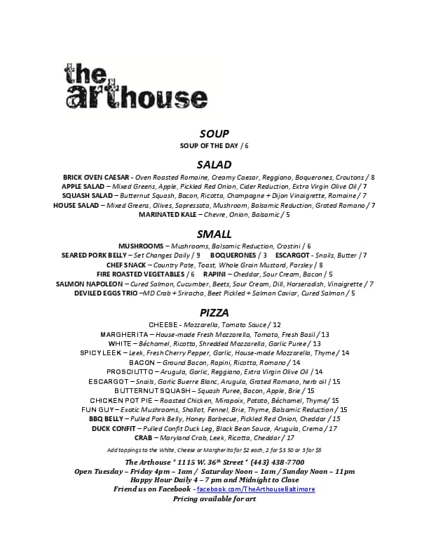The Arthouse Menu, Menu for The Arthouse, Hampden, Baltimore
