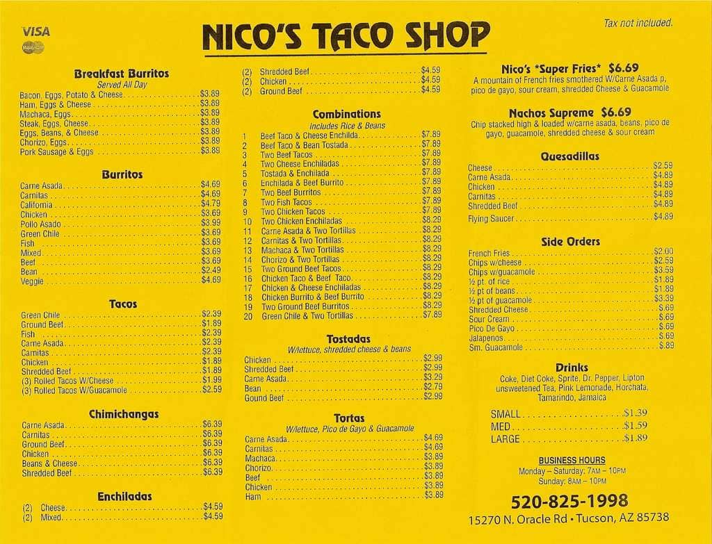 Menu at Nico's taco shop restaurant, Catalina