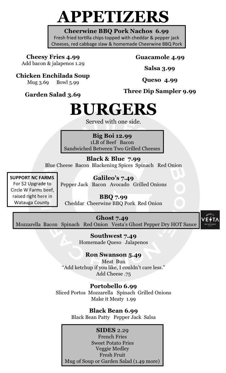 Galileo's Boone Menu, Menu for Galileo's Boone, Boone, Boone