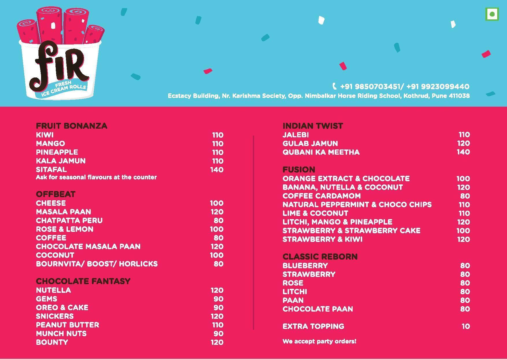 FIR Fresh Ice Cream Rolls Menu Zomato