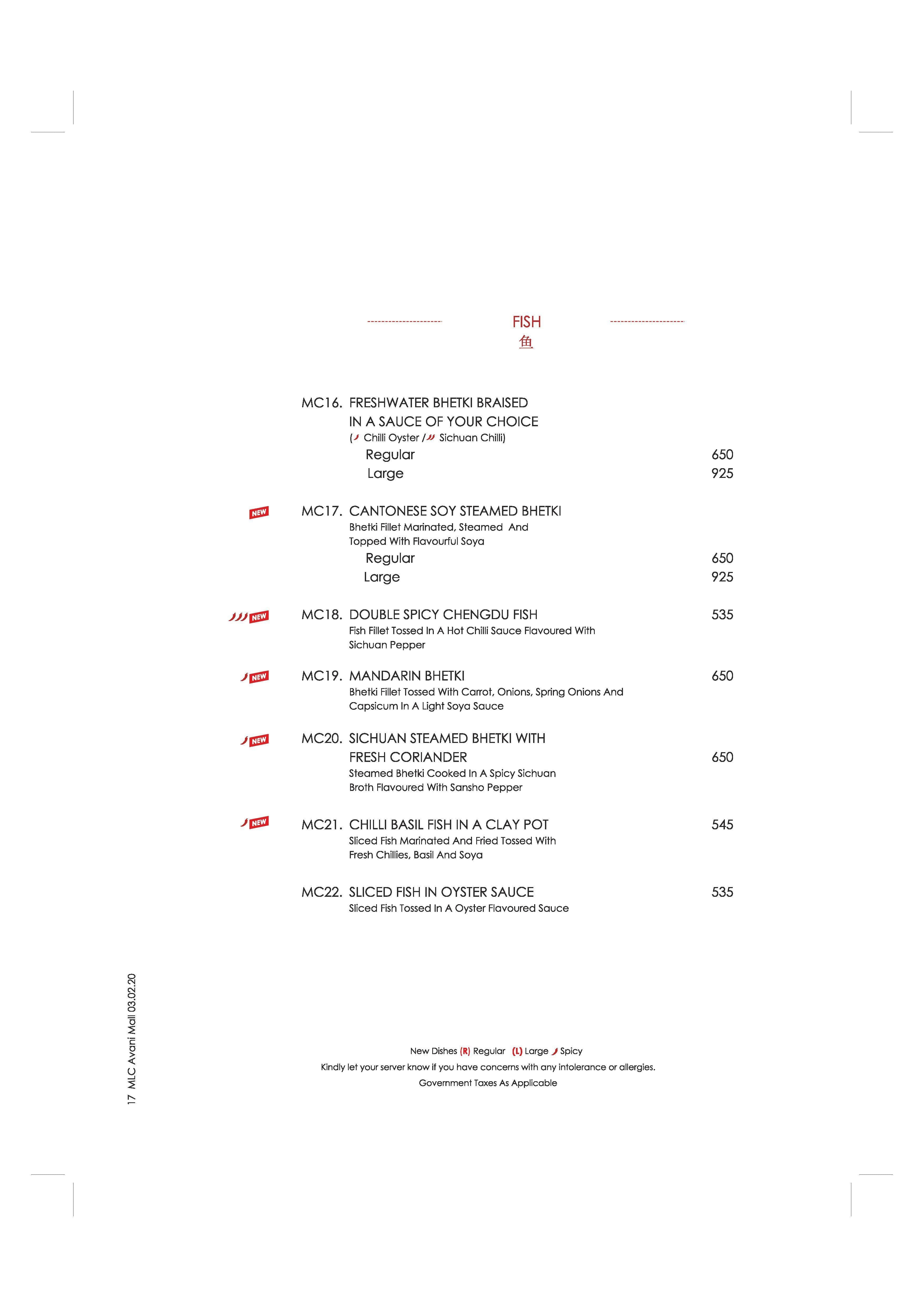 Mainland China menu