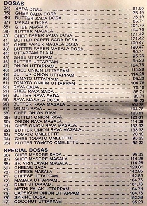 Vrindavan Veg Restaurant menu