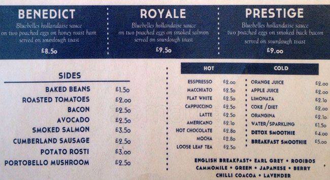 Bluebelles of Portobello menu