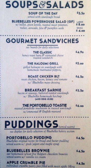 Bluebelles of Portobello menu